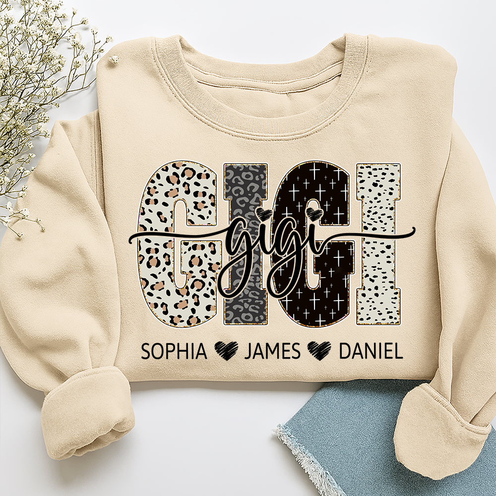 Personalized GiGi Sweatshirt With Grandkids Names, Custom Leopard Print Grandma Pullover