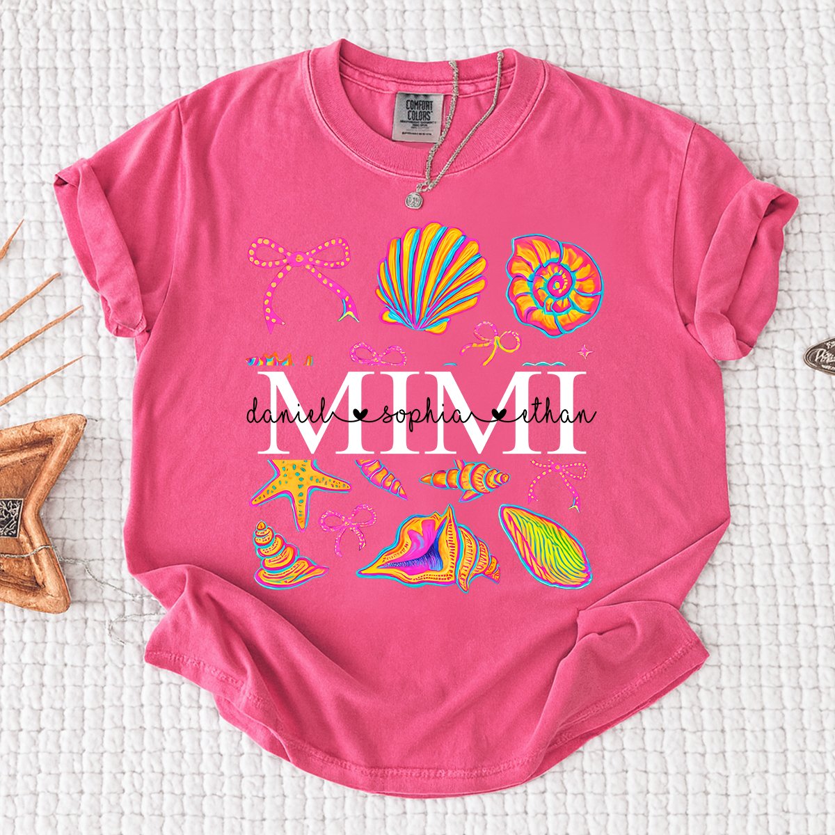 Comfort Colors Personalized Mimi Shirt with Names, Vibrant Seashell Beach Design Tee, Summer Family Gathering Outfit for Women