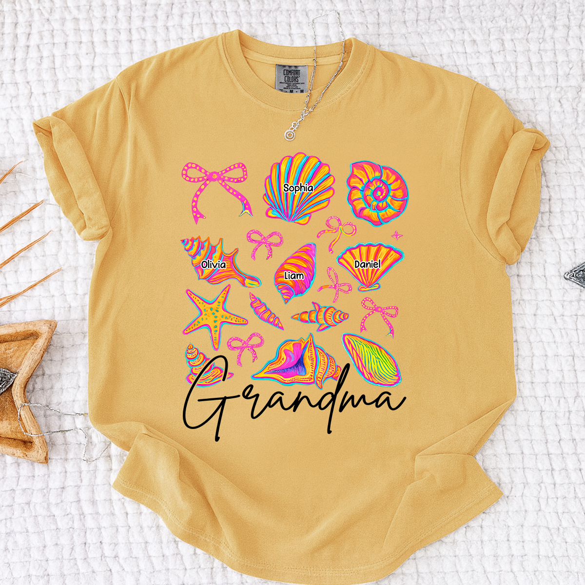 Comfort Colors Personalized Grandma Shirt with Grandkids Names, Custom Beach Seashell Grandma Tee, Coastal Summer Family Gift for Grandmother