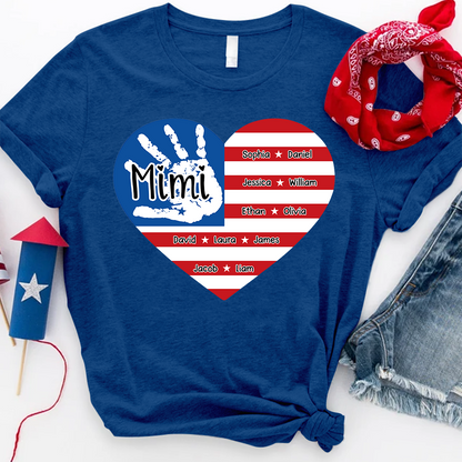 Mimi Custom T Shirt with Family Names, American Flag Heart and Handprint Design, Ideal Gift for Mimi