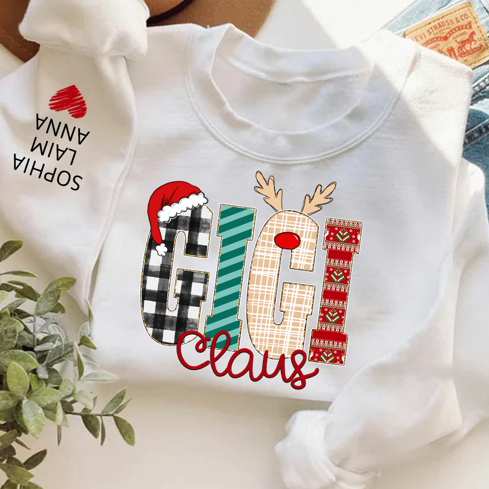 Gigi Claus Christmas Sweatshirt – Personalized Holiday  with Child’s Name on Sleeve Sweatshirts