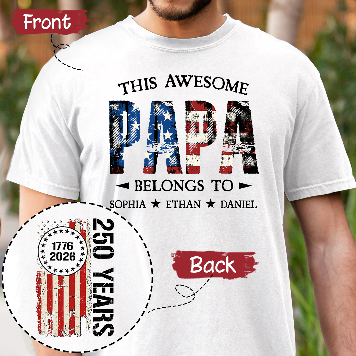 Custom This Awesome Papa Belongs To Shirt, Personalized with Grandkids Names, 250 Years American Flag Design