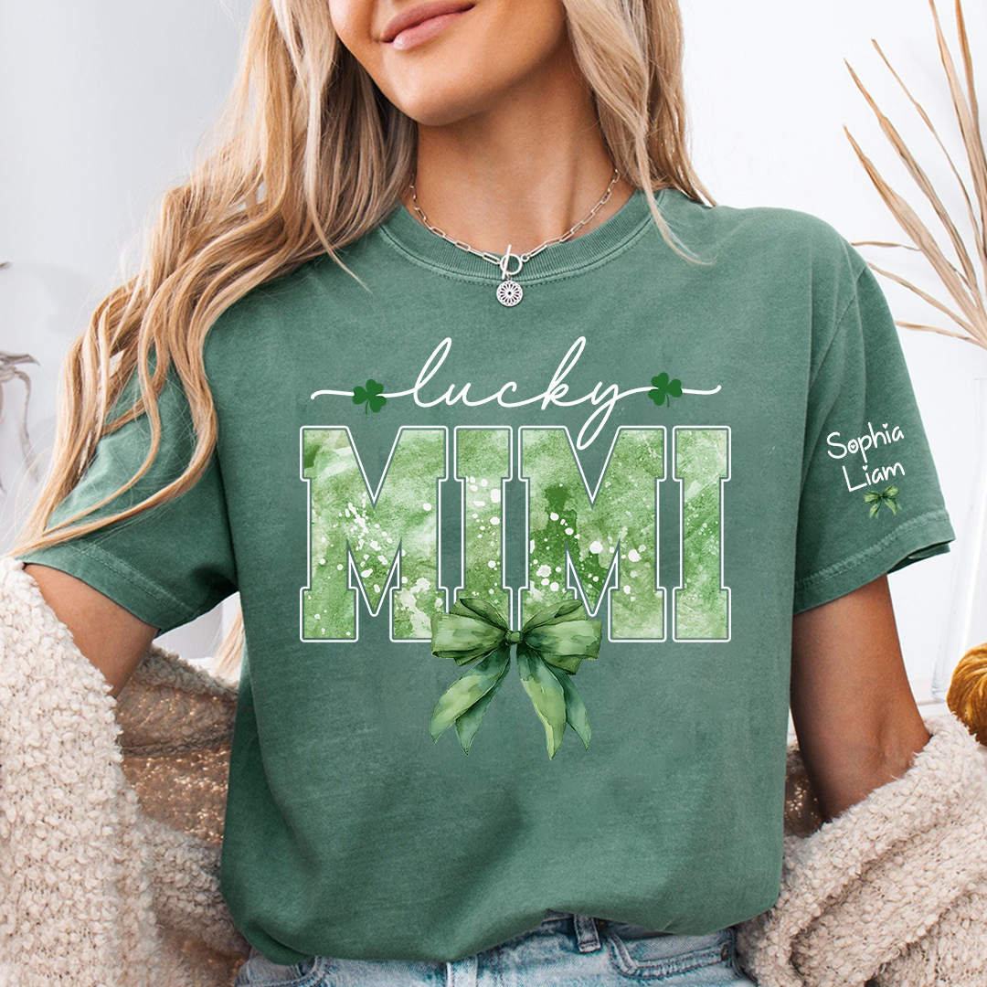Lucky Mimi Shirt for St Patrick’s Day, Custom Name Grandma T Shirt with Shamrocks, Personalized Mimi Family Shirt