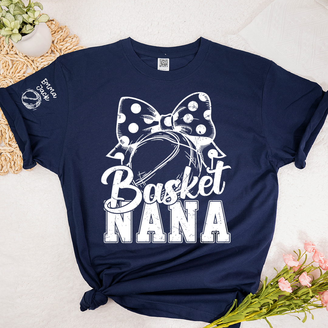 Black And White T-shirt With Basketball Print, Mimi Style, Can Be Printed With Grandchildren's Names, Suitable As A Gift For Grandma