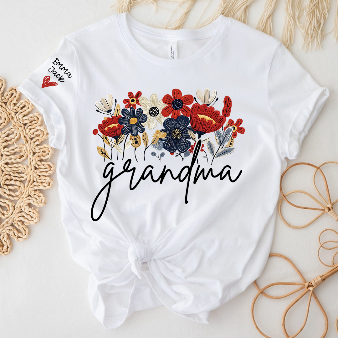 Personalized Grandma Floral Shirt with Custom Grandkids Names, Colorful Flower Design