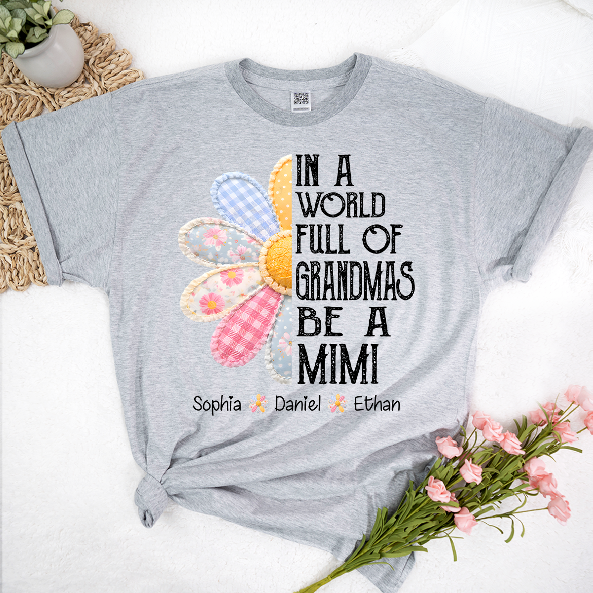 Custom Mimi T Shirt with Grandchildren Names, Vintage Patchwork Flower Graphic Tee, In A World Full of Grandmas Be a Mimi Shirt