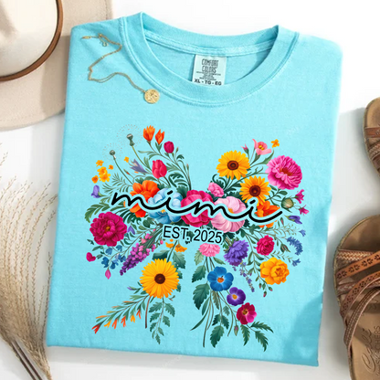 Comfort Colors® Mimi Bow Flower Est T-Shirt, Custom Grandma With Grandkids Shirt