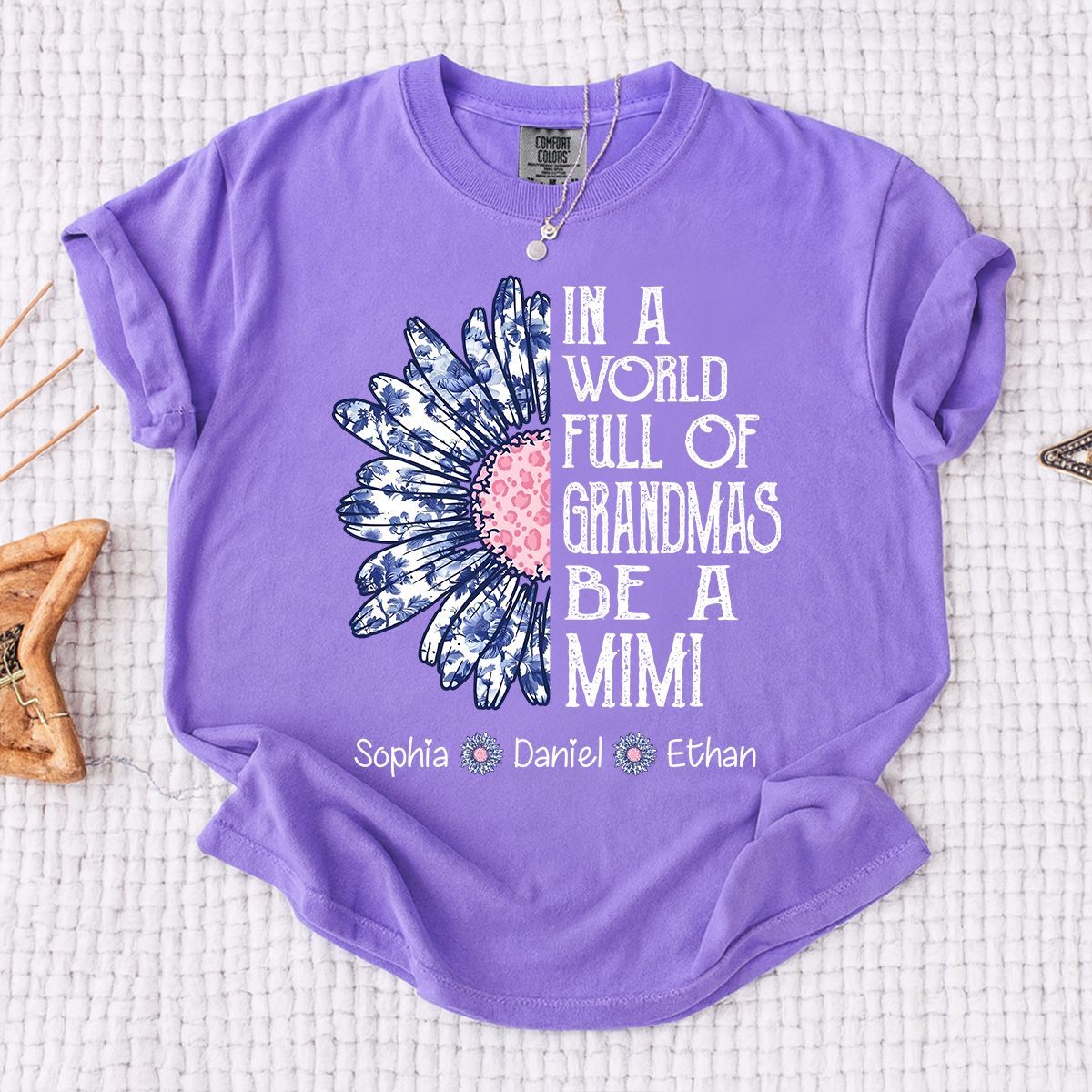Comfort Colors Custom Mimi Shirt with Grandkids Names In a World Full of Grandmas Be a Mimi Daisy Flower Design Personalized Family Tee