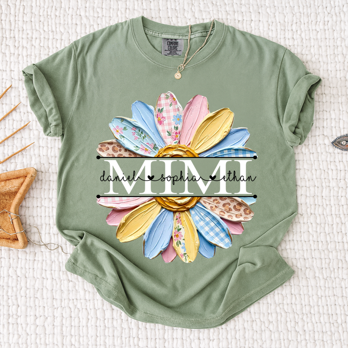 Comfort Mimi Floral Shirt, Custom Grandkids Names with Colorful Patchwork Daisy Design
