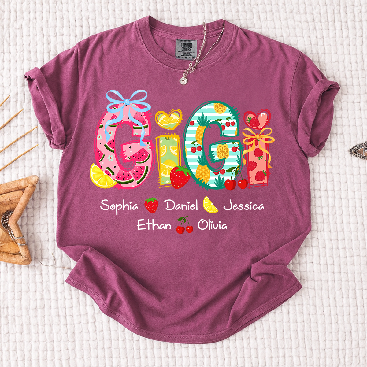 Comfort Colors Custom Gigi Shirt for Grandma, Personalized Family Name T Shirt, Summer Fruit Graphic Tee with Kids Names