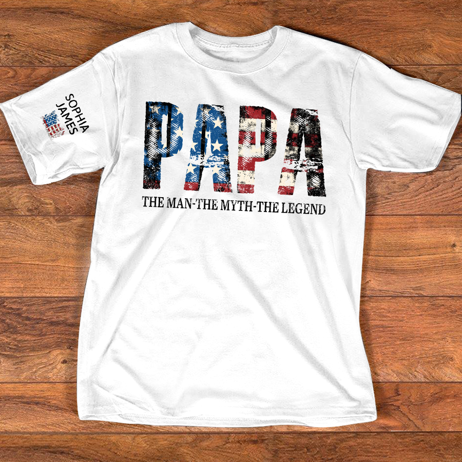 Papa The Man The Myth The Legend Tee, Custom Papa Shirt with Kids Names, USA Flag Design, Meaningful Gift for Father Grandpa