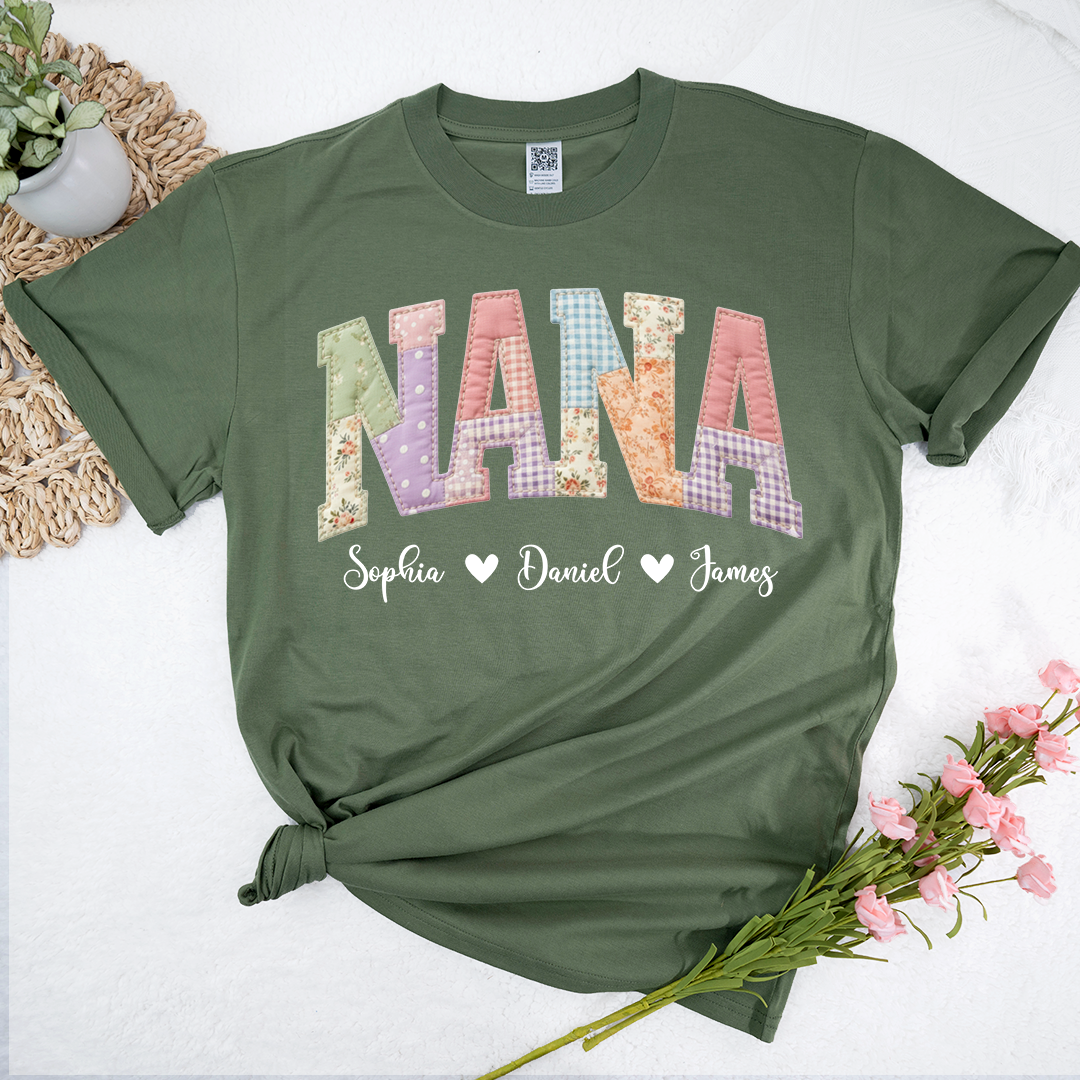 Personalized NANA Shirt – Cute Patchwork Design with Names of Loved Ones, Perfect for Grandmother