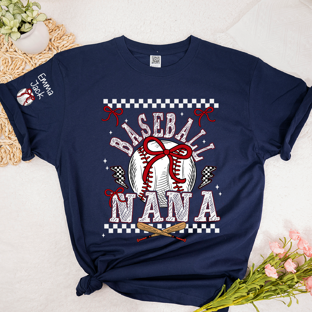 Baseball Nana T-Shirt, Personalized Nana T-Shirt with Bow and Vintage Baseball Design