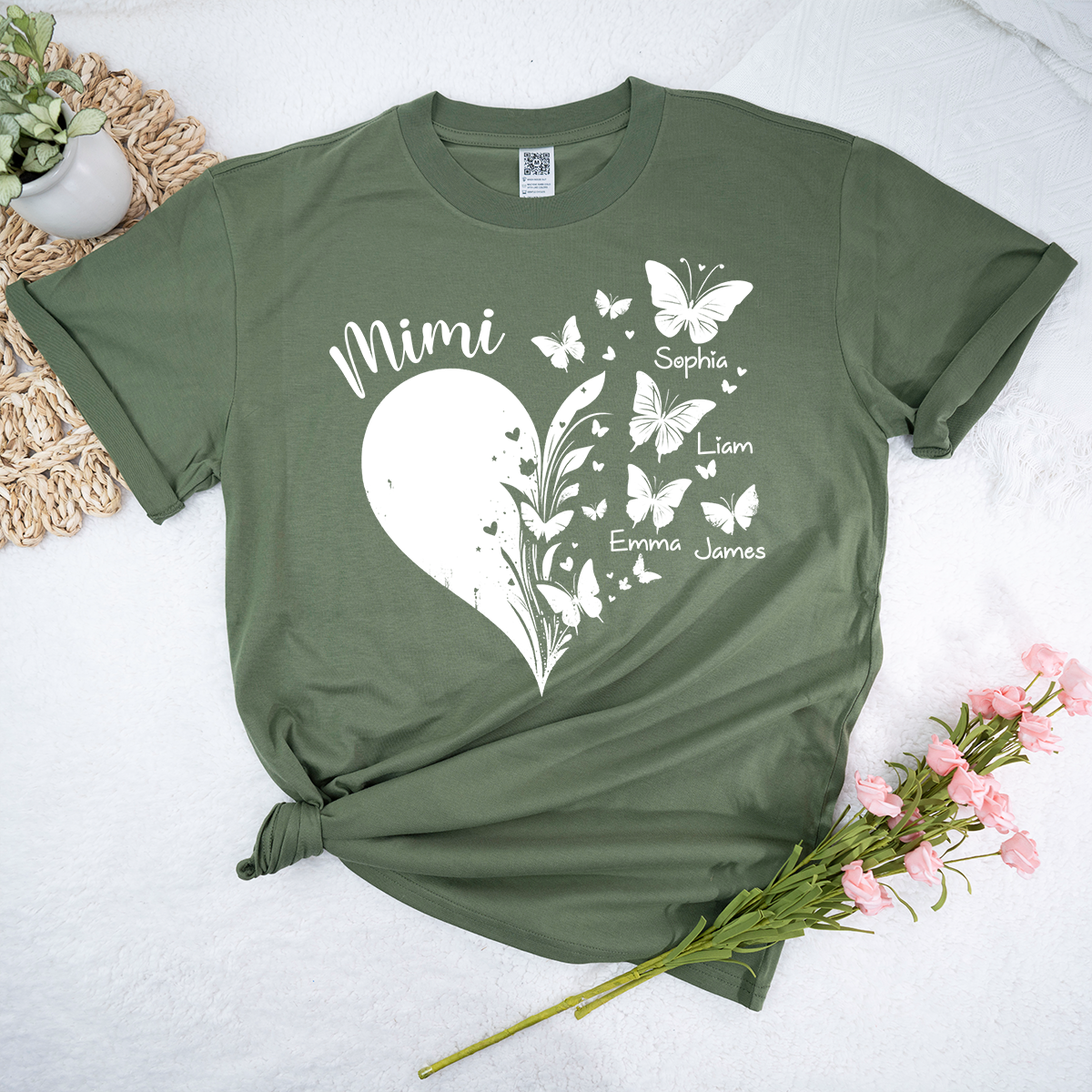 Mimi Butterfly Heart Shirt with Kids Names, Personalized Mimi Grandma T-Shirt Gift for Her