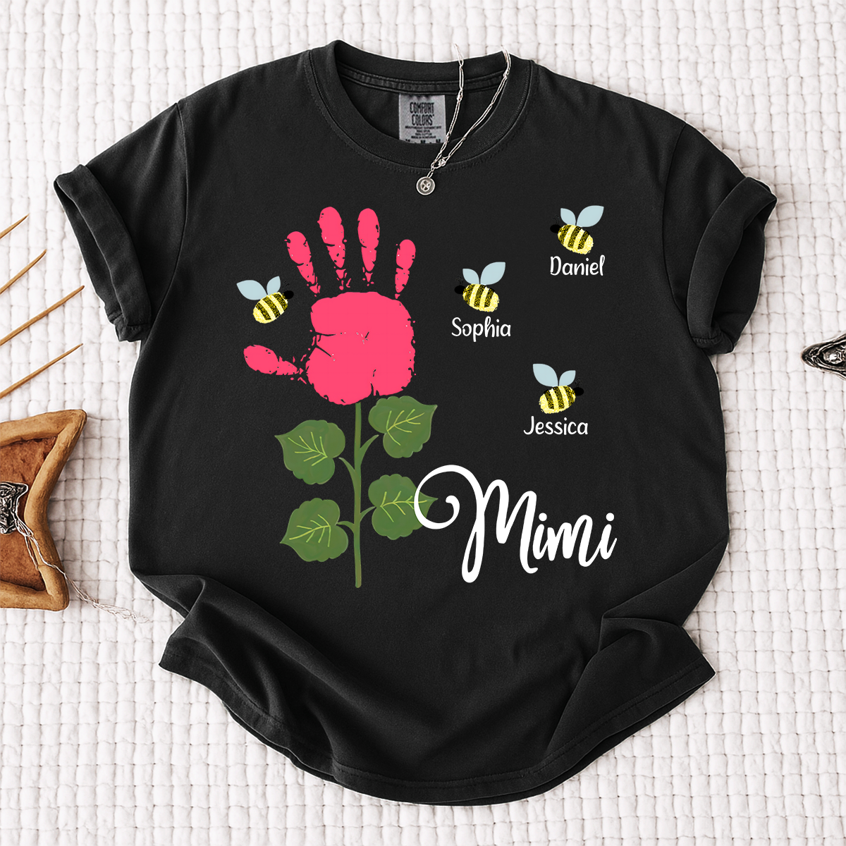 Comfort Colors Personalized Mimi Shirt, Custom Family Names with Handprint Flower Design and Bees, Perfect Gift for Mimi