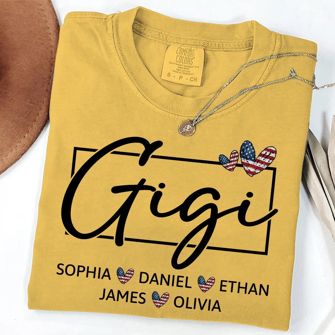 Comfort Colors Personalized Gigi Shirt with Children Names USA Flag Heart Graphic Custom Grandma Tee Stylish Script Design Family Gift Shirt
