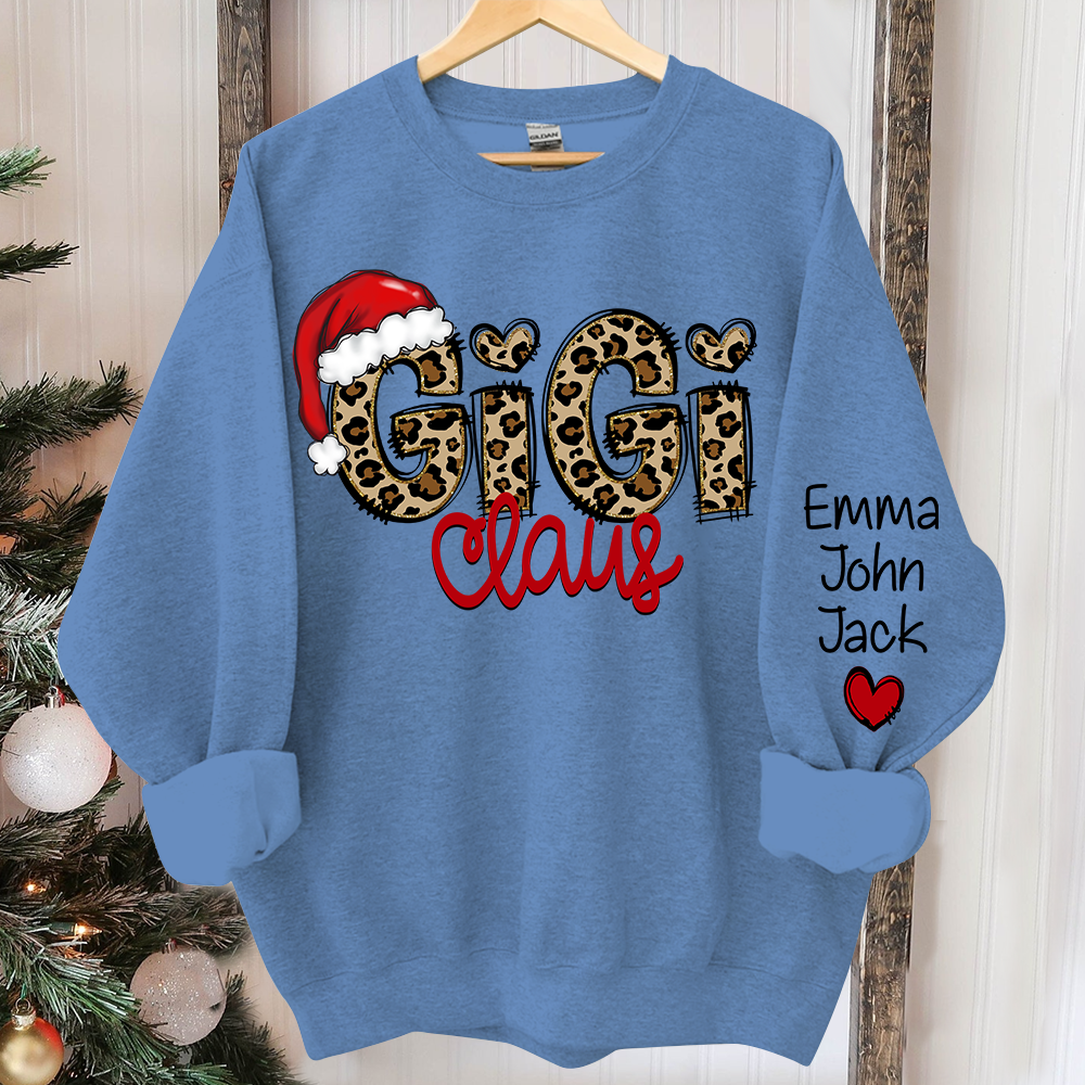 Personalized Gigi Claus Leopard Sweatshirt, Custom Grandma and Grandkids Sweatshirt