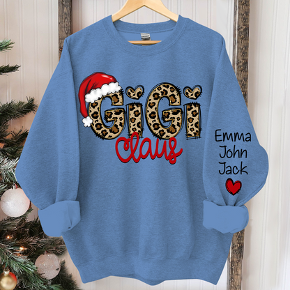Personalized Gigi Claus Leopard Sweatshirt, Custom Grandma and Grandkids Sweatshirt