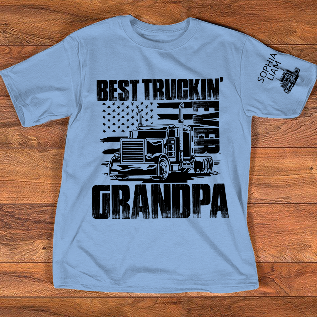 Personalized Best Truckin' Grandpa Ever, 4th July Independence Day American Flag T-Shirt For Gift Grandpa And Kids
