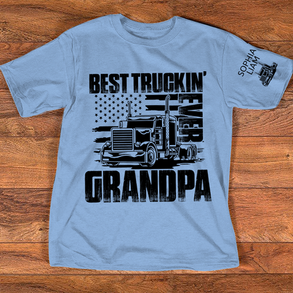 Personalized Best Truckin' Grandpa Ever, 4th July Independence Day American Flag T-Shirt For Gift Grandpa And Kids