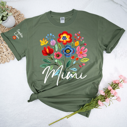 Personalized MimiI Floral T Shirt, Custom Family Names with Vibrant Flower Design, Perfect Gift for Mimi Cinco de mayo