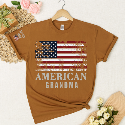 Custom American Grandma T-Shirt, Personalized Grandkids Name Sleeve Patriotic Shirt