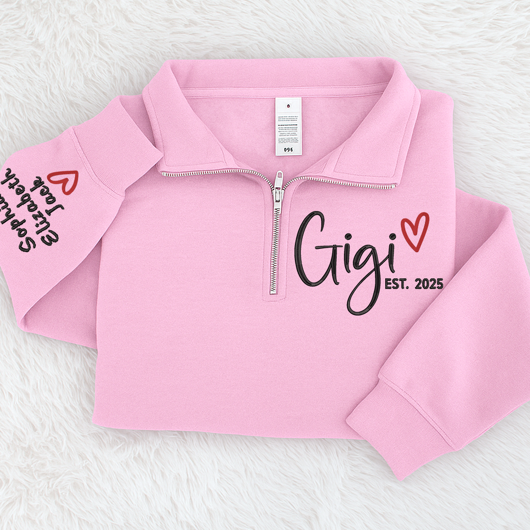 Custom Gigi Heart Embroidered Zip Sweater, Personalized For Grandma with Grandchild Names