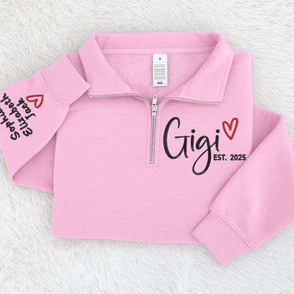 Custom Gigi Heart Embroidered Zip Sweater, Personalized For Grandma with Grandchild Names
