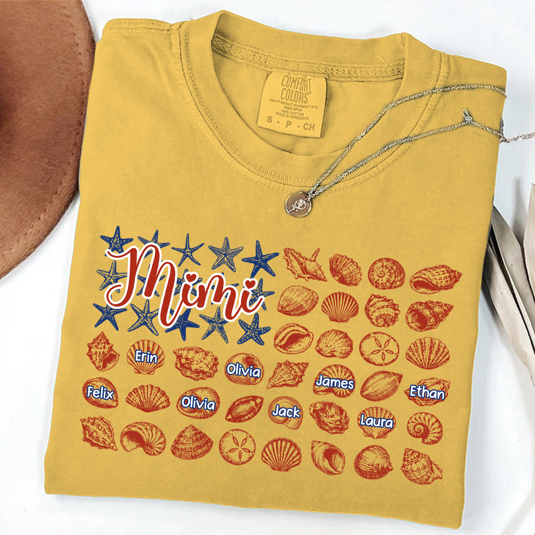 Comfort Colors Custom Mimi Shirt with Kids Names, Personalized Beach Shells Grandma Tee, Summer Family Vacation Gift for Grandmother