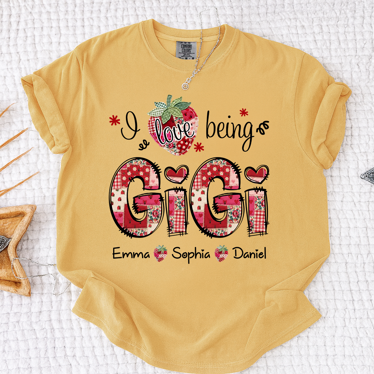 Comfort Colors Personalized I Love Being Gigi Shirt, Custom Grandma Strawberry Patchwork Tee with Names, Gift for Grandma