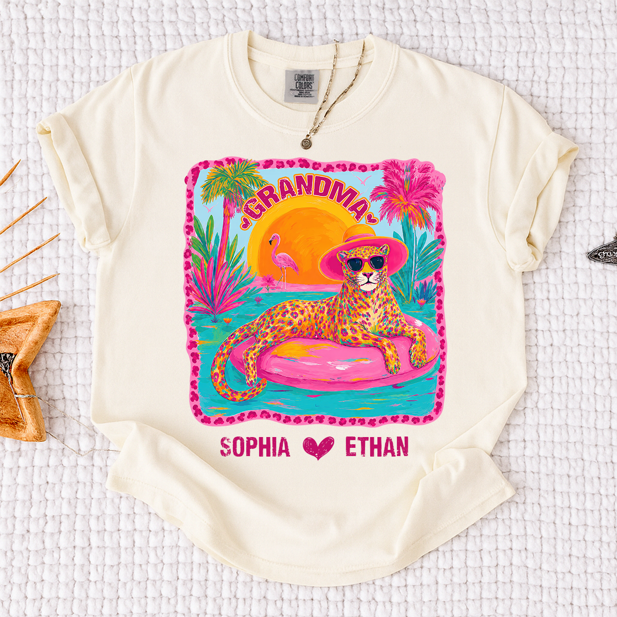 Comfort Colors® Custom Grandma Preppy Summer Gift Shirt, Gift For Grandma And Kids, Girly Beach Tee Retro Leopard Shirt Design Cute Summer Colorful Summe