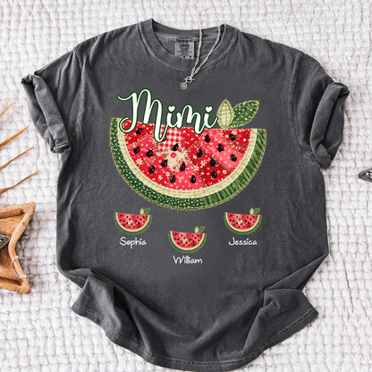 Comfort Colors Custom Mimi Watermelon Patchwork Tee, Personalized Grandma Shirt with Kids Names, Summer Vacation Family Gift for Women