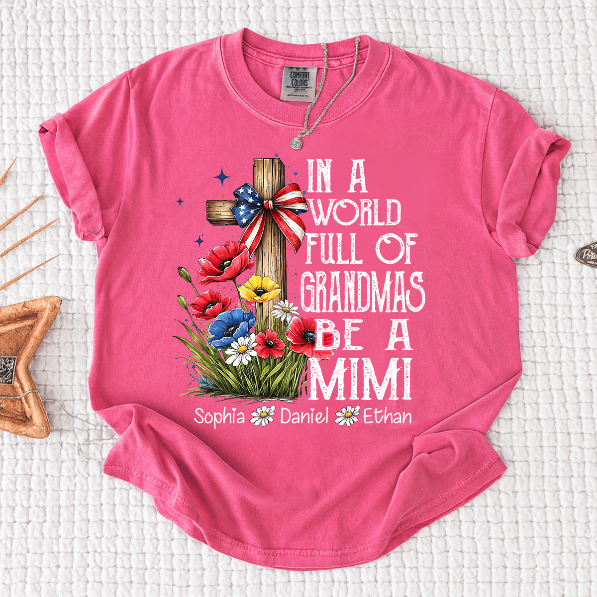 In a World Full of Grandmas Be a Mimi T-Shirt, Personalized Mimi T-Shirt with Cross and Floral Design