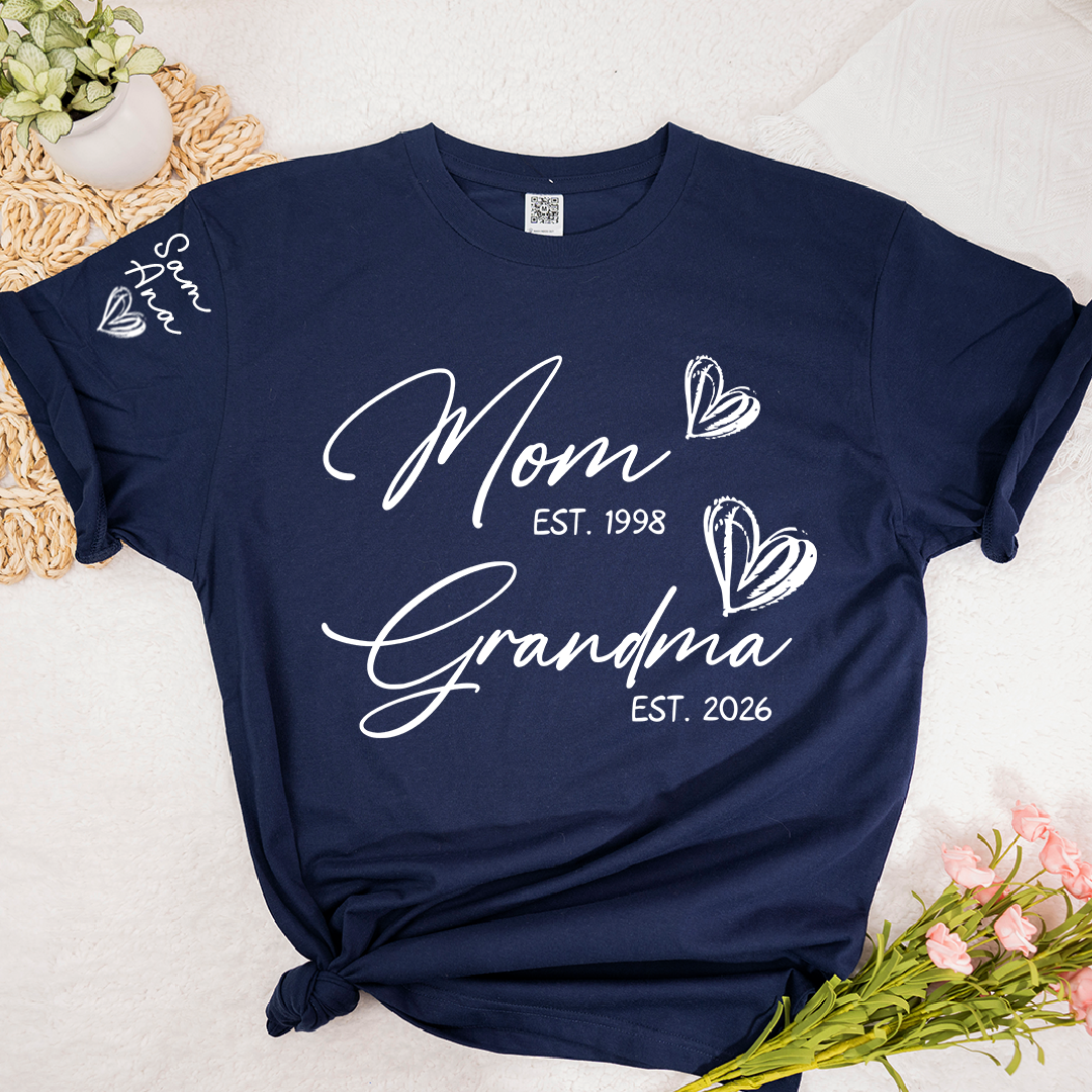 Custom EST Year Mom and Grandma T-Shirt, Personalized Family T-Shirt with Heart Design for Mom & Grandma