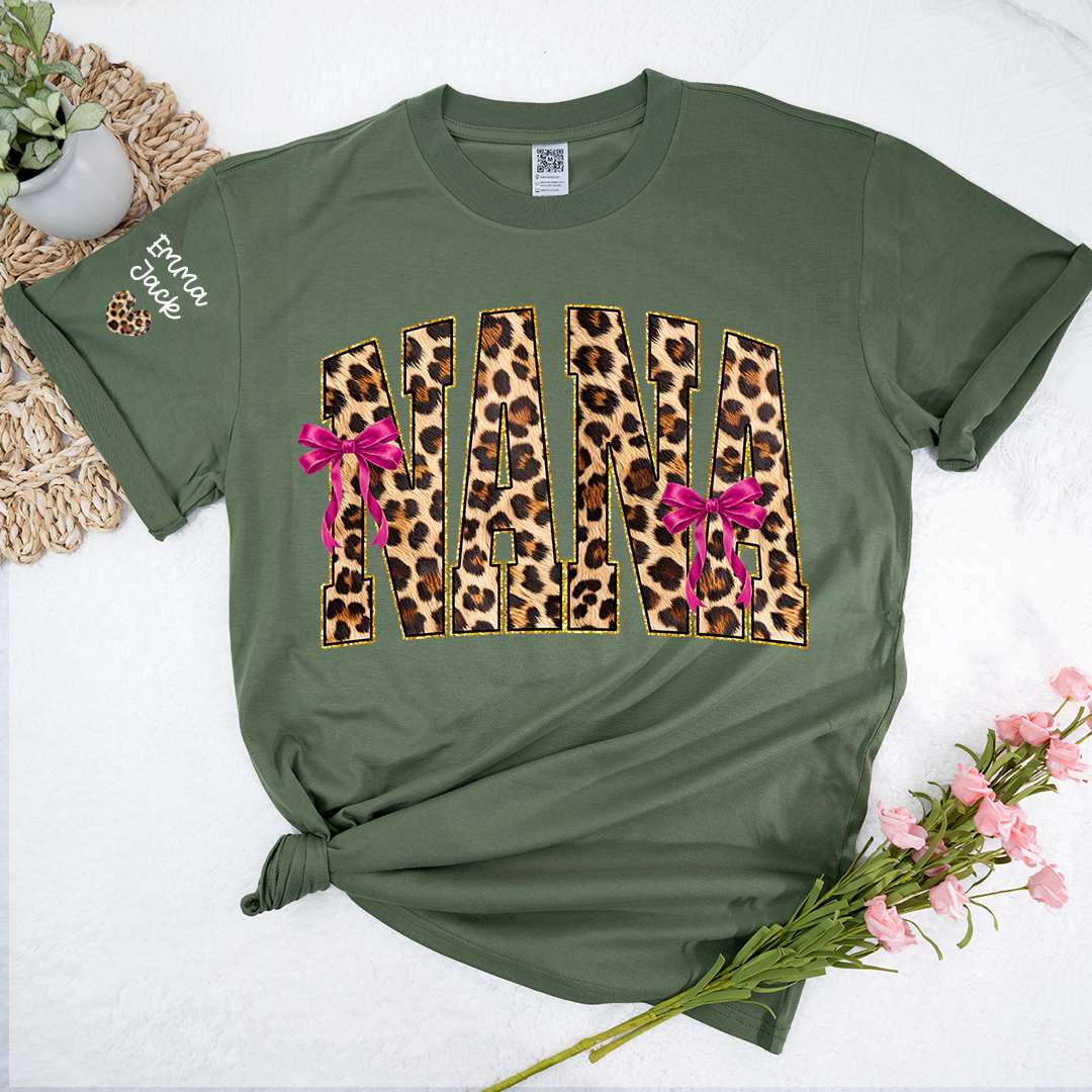 Custom Nana Shirt, Leopard Print And Bow Gift for Mimi Grandma And Kids