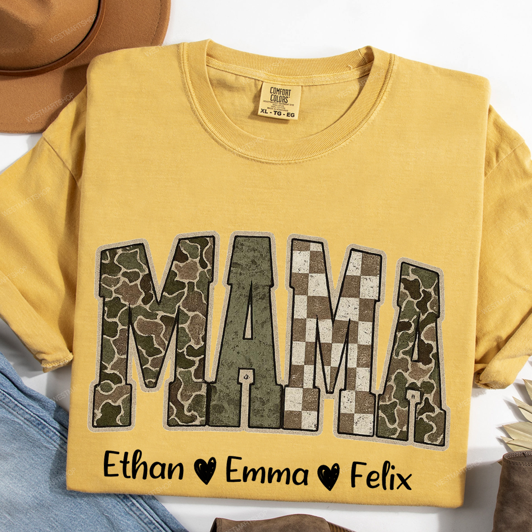Personalized Camo Mama Shirt - Hunting Style Tee with Custom Kids Names