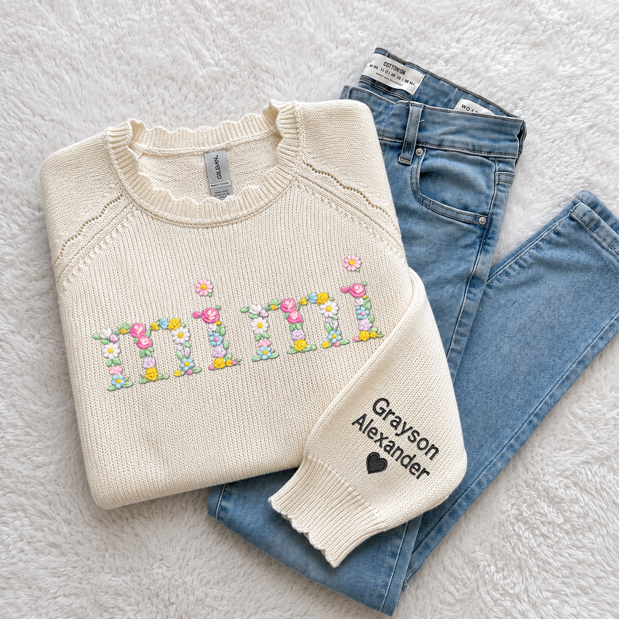 Custom Mimi Floral Embroidered Sweater, Personalized Puff Sleeve Knit Top, Unique Gift for Mimi, Custom Sleeve Text