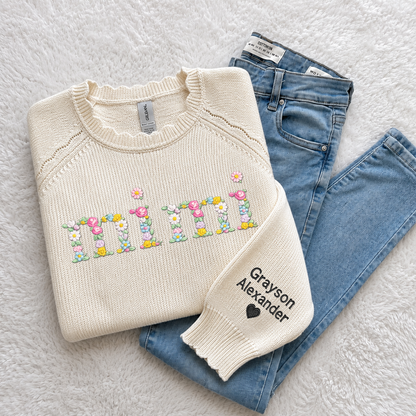Custom Mimi Floral Embroidered Sweater, Personalized Puff Sleeve Knit Top, Unique Gift for Mimi, Custom Sleeve Text