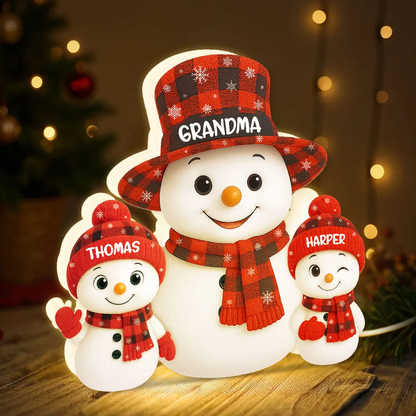 Christmas Checkered Pattern Grandma Grandkids Snowman Together - Personalized Light - Gift For Grandmas Light Box