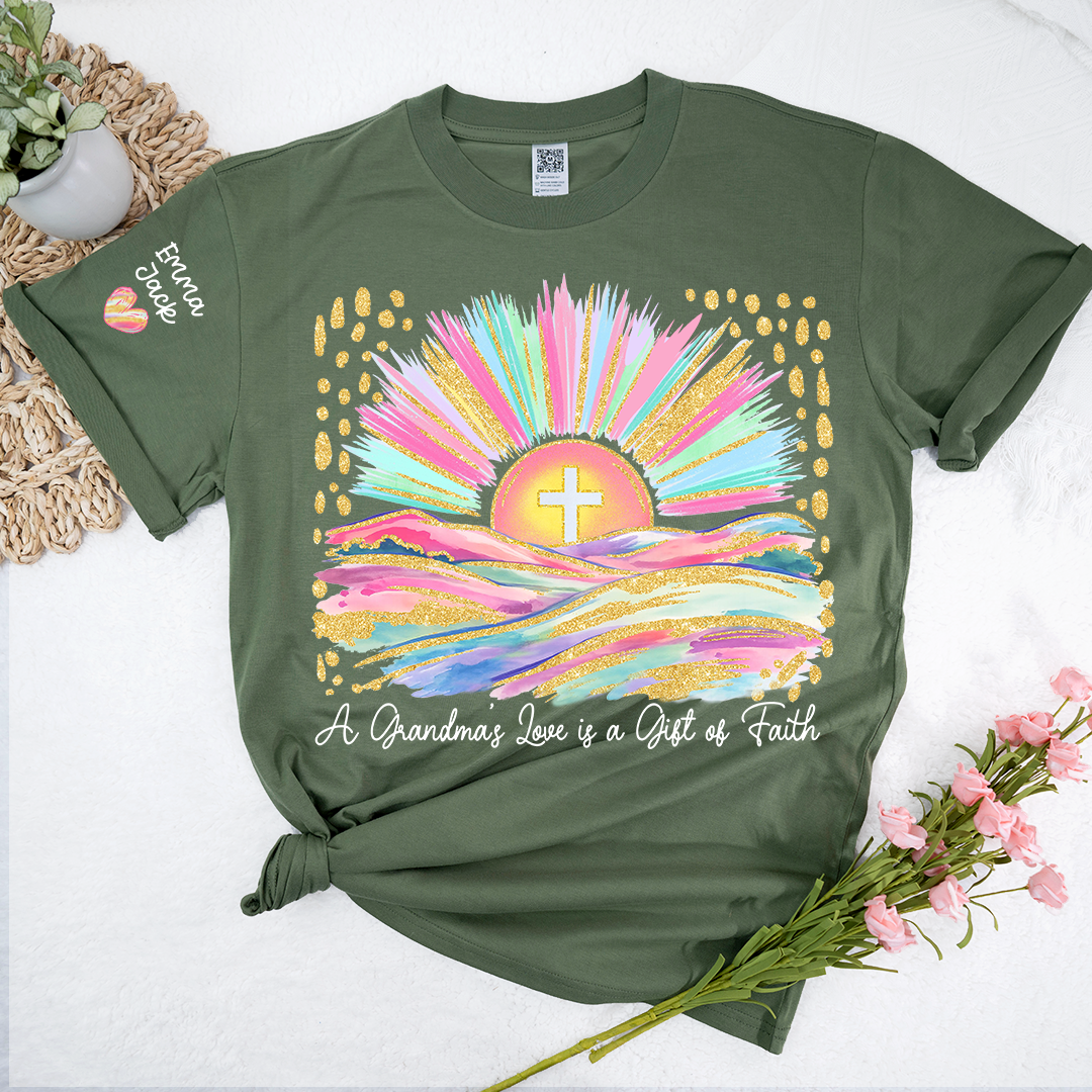 Faith Christian Grandma T-Shirt, Pastel Colorful Sunrise Cross Tee, Cute Personalized Gift for Grandma And Kids