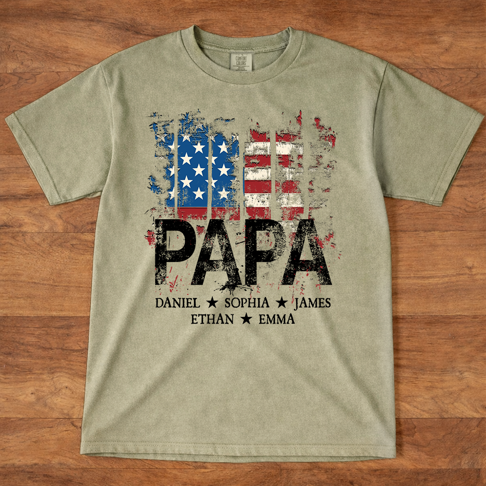 Comfort Colors® Papa American Flag Shirt With Name, Personalized Dad T Shirt Patriotic Style