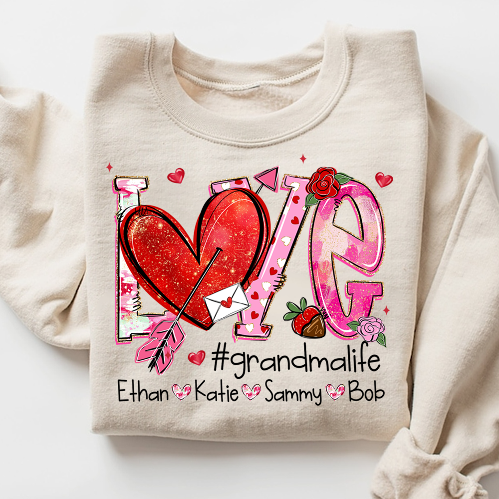 Custom Grandma Life Love Sweatshirt, Heart Patchwork Valentine Gift For Grandma And Kids