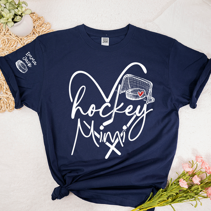 Hockey Heart Mimi Family Shirt, Custom Names and Hockey Puck Design Personalized Tee