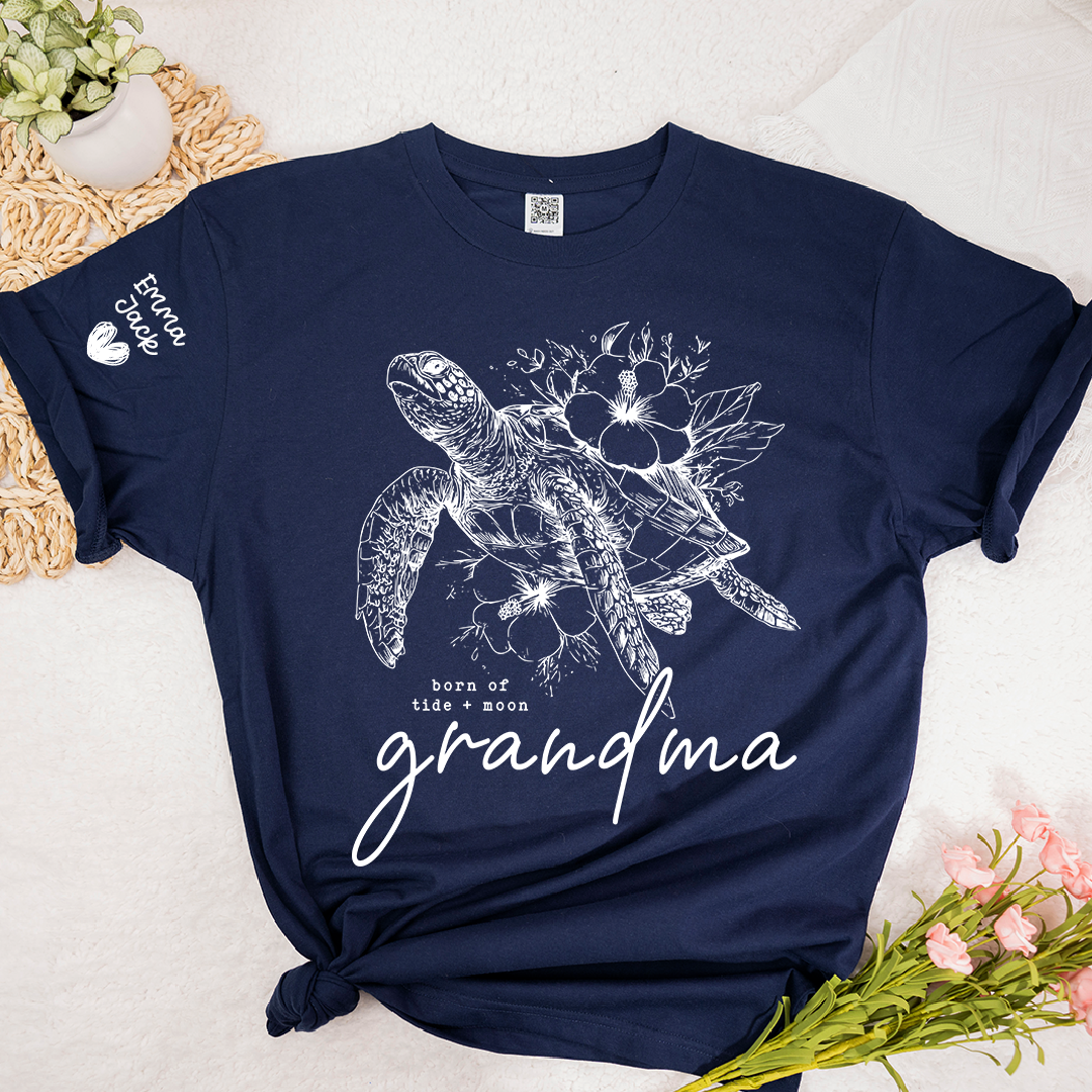 Custom Grandma Sea Turtle T Shirt, Personalized Grandchildren Names Sleeve Tee, Nature Lover Grandma Gift for Women