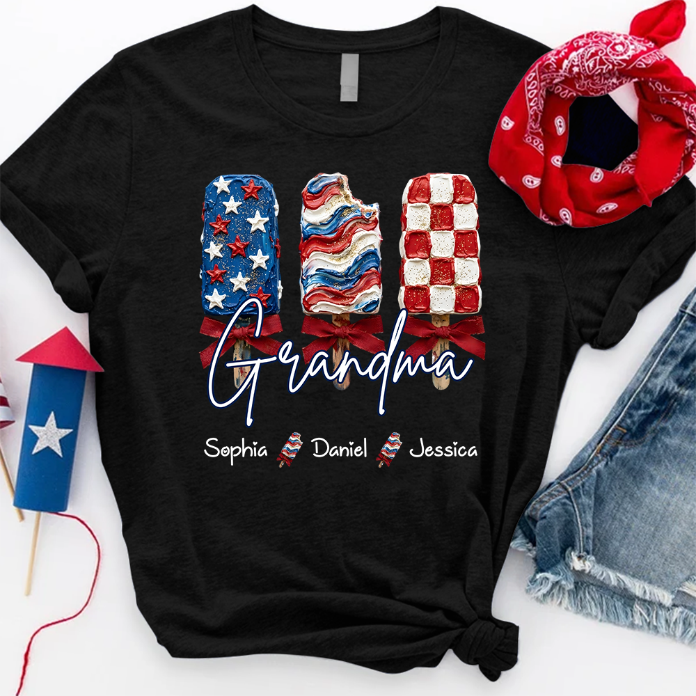 Personalized Grandma Patriotic Popsicle Shirt, Custom Grandma 4th of July T Shirt with Kids Names, Family Summer Gift
