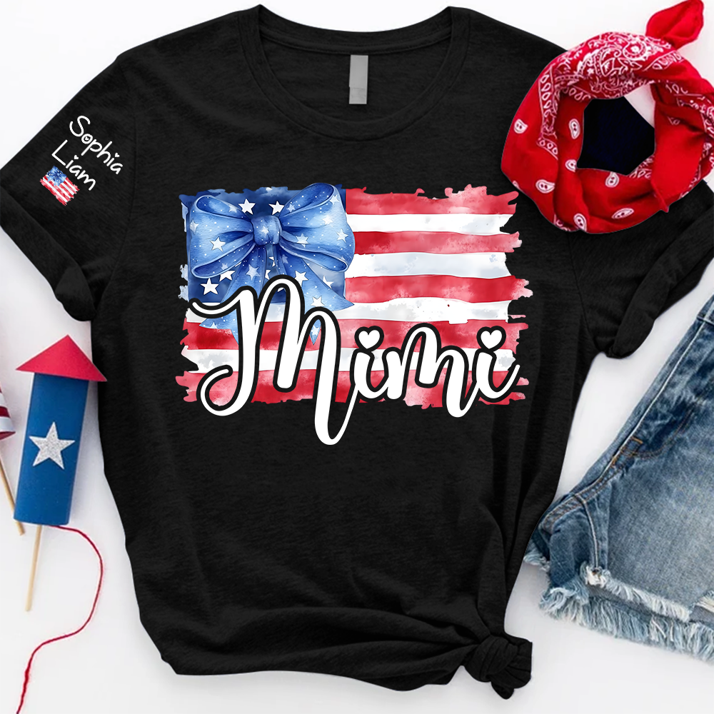 Personalized Mimi American Flag T Shirt with Blue Bow, Custom Mom Gift for Independence Day