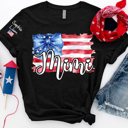 Personalized Mimi American Flag T Shirt with Blue Bow, Custom Mom Gift for Independence Day