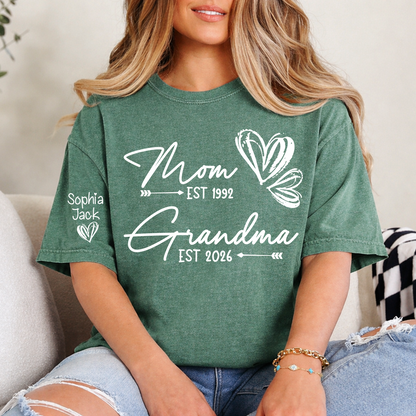 Personalized Heart T-shirt For Mom And Grandma, Founding Year With Name, Family Gift