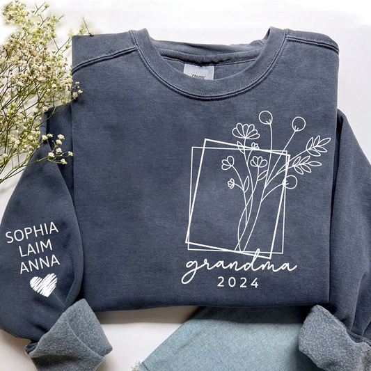 Fall Floral Design Sweatshirt with Flowers, Custom Nickname Grandma And Kids