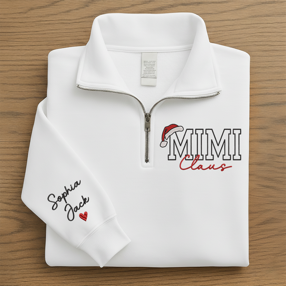 Personalized Christmas Mimi Claus Zip Sweatshirt – Custom Grandma Embroidered Gift With Kids Names On Sleeve
